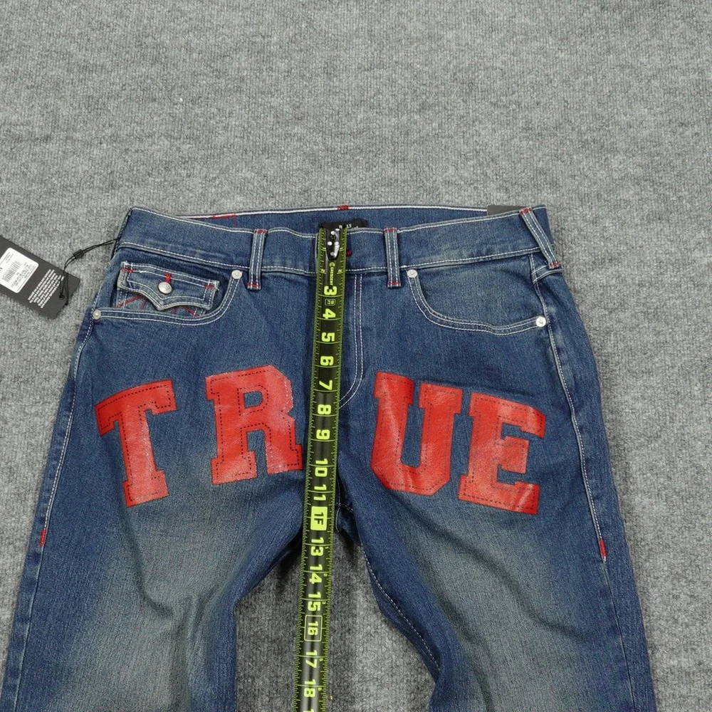 True Religion Jeans Mens 34 Blue Billy Relaxed Bootcut Red Graphic Comet Wash